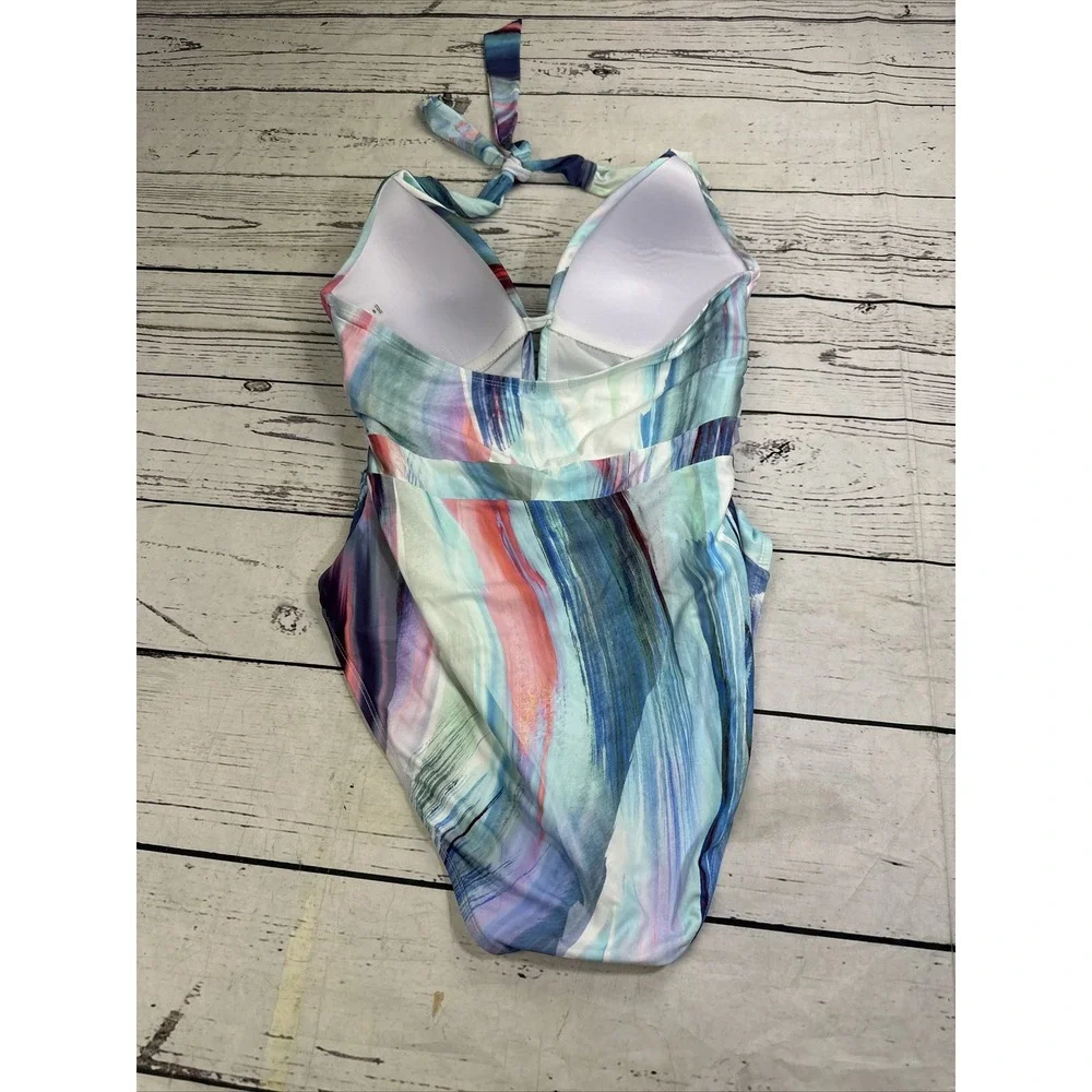 Mynah Womens One Piece Swimsuit Multicolor Abstract Plunge Halter Medium 5351